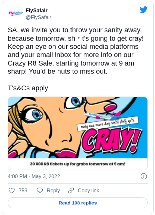 FlySafair flight tickets on sale for R8